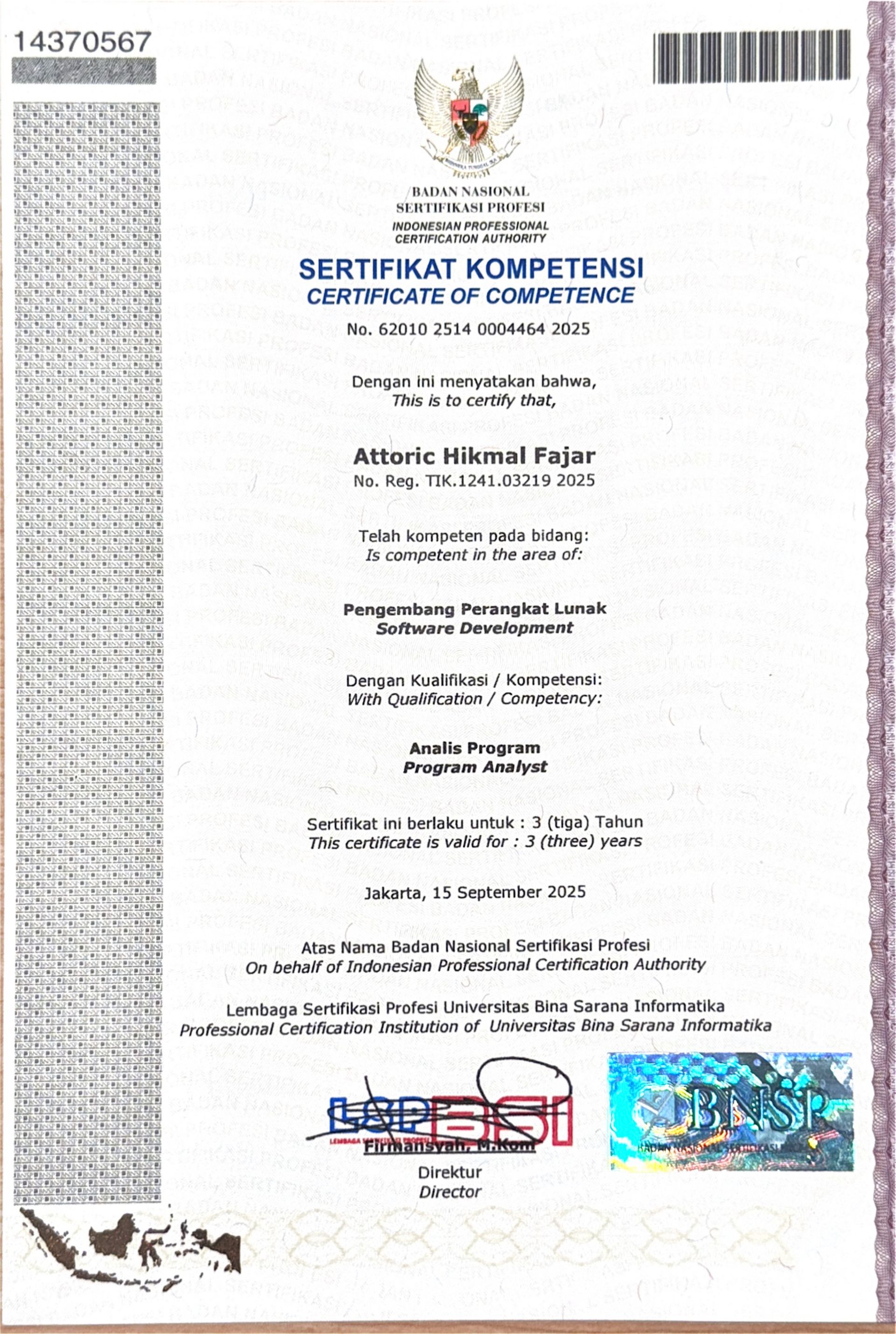 Sertifikasi BNSP - Analis Program